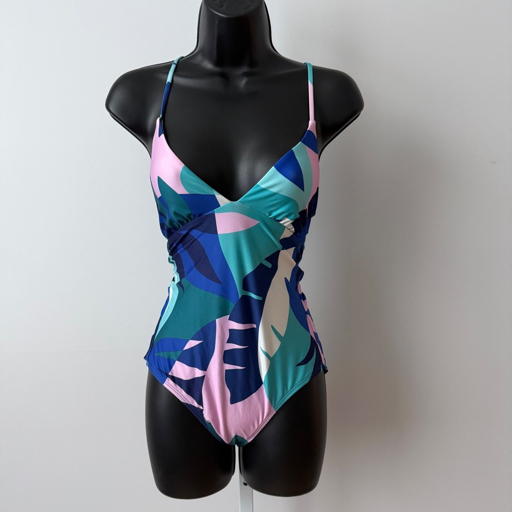 Splendid sz S Womens Tropical Palm Print One‎ Piece Swimsuit Blue Pink Beach